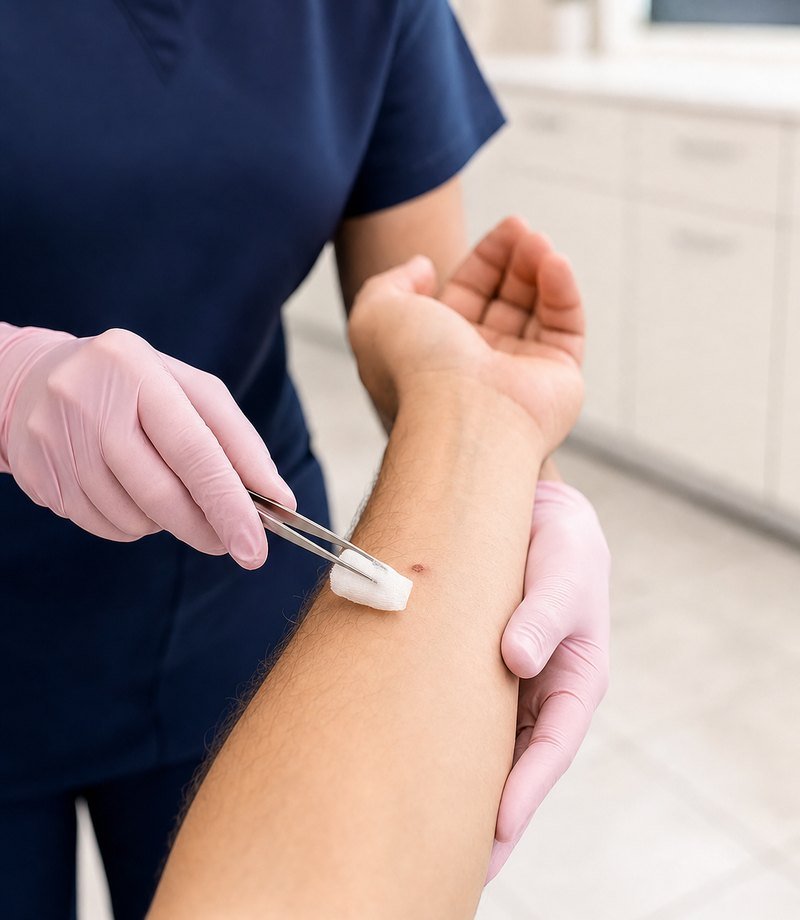 Enfermera realizando una curación en el antebrazo de un paciente